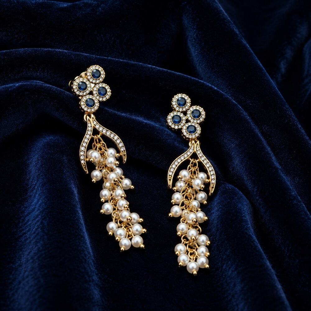 Antique Pearl Flower Earrings Museum Grape Vine Tassel VTG Chain Crystal Boho CZ